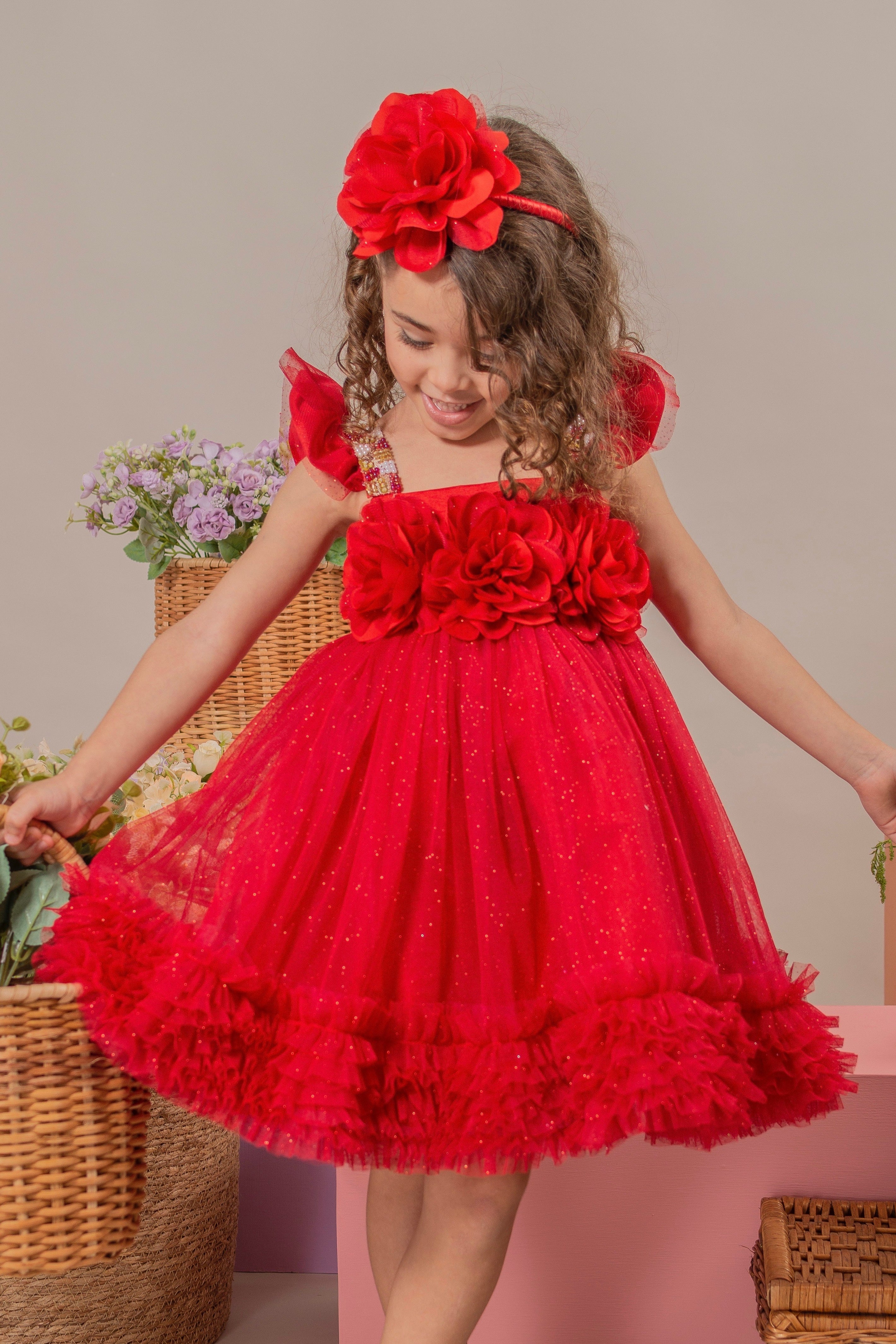 red color girls party dress Girls Red Birthday Dress Children's Party Princess Dress Girls Commun marryshe