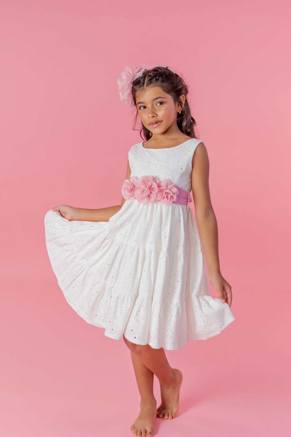 White Flower Girl Dress with Pink Floral Waist Elegant Wedding Dress for Girls 8 White Flower Girl Dress with Pink Floral Waist Elegant Wedding Dress for Girls 8