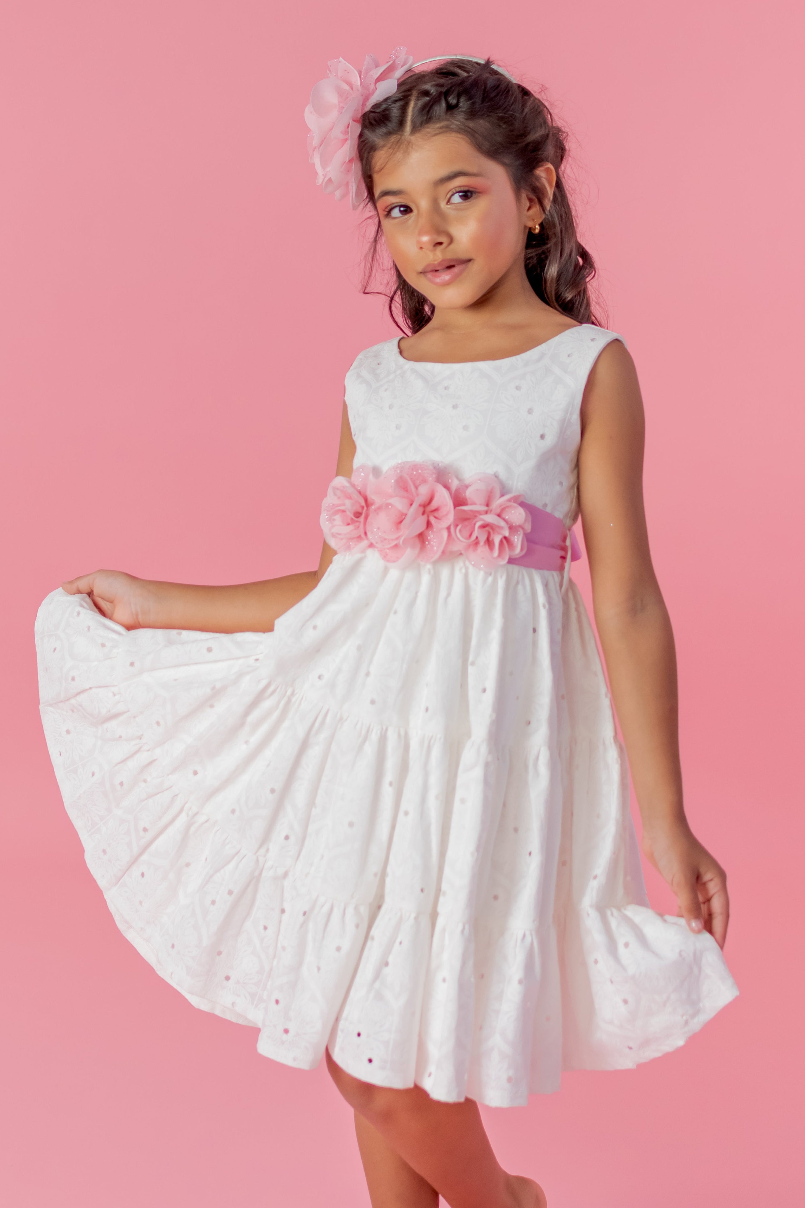 White Flower Girl Dress with Pink Floral Waist Elegant Wedding Dress for Girls 8 White Flower Girl Dress with Pink Floral Waist Elegant Wedding Dress for Girls 8