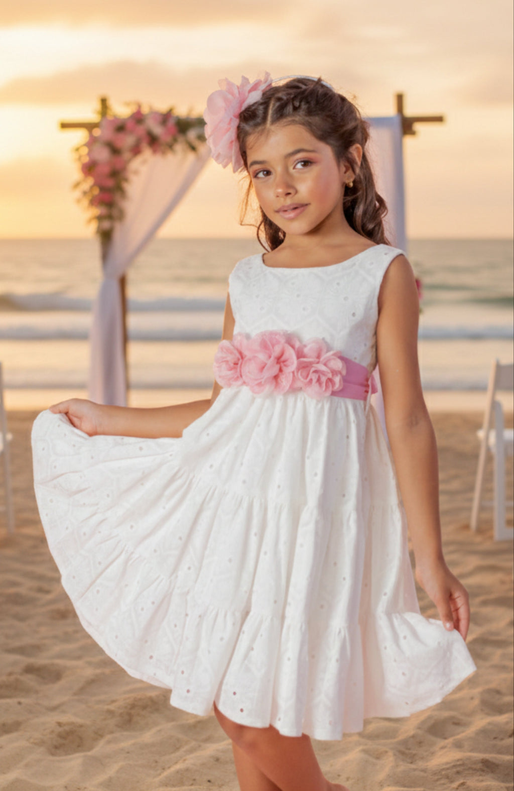 white flower girl dress White Flower Girl Dress with Pink Floral Waist – Elegant Wedding Dress –  Liliana Esquivia