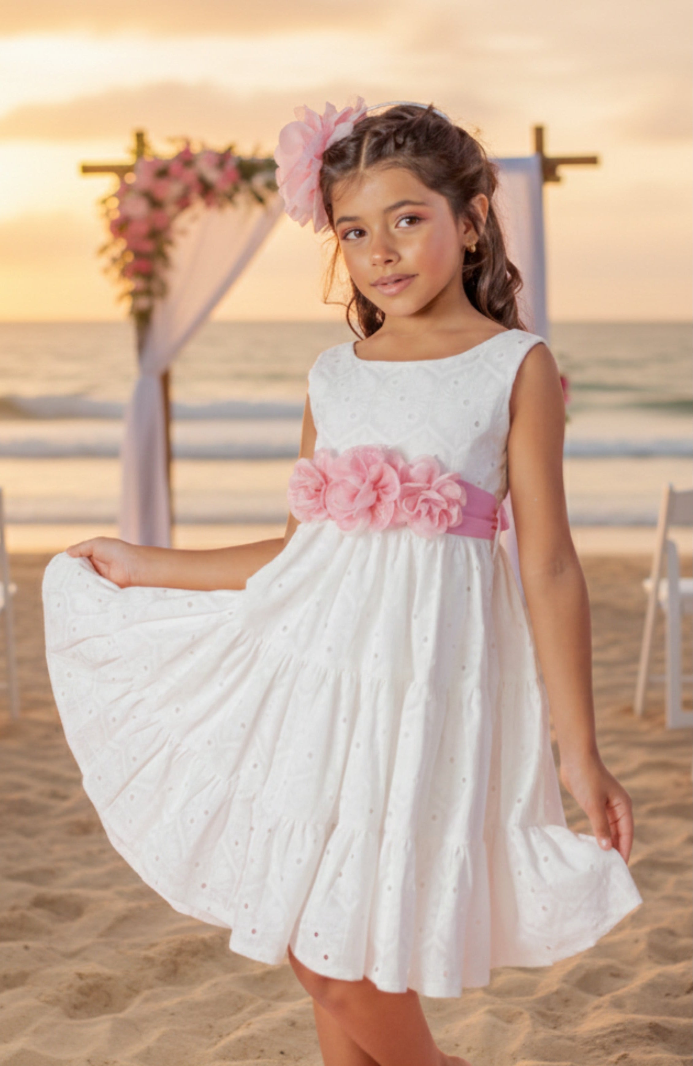 White Flower Girl Dress with Pink Floral Waist – Elegant Wedding Dress for Girls